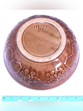 Americana MCM Vintage USA Stoneware Mixing Bowl - embossed fruit, brown stone